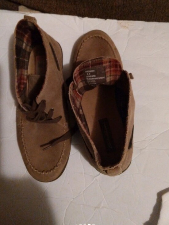 Eddie Bauer Shoes - Eddie Bauer Taupe Suede Lace-Up Ankle Boots with Plaid Lining